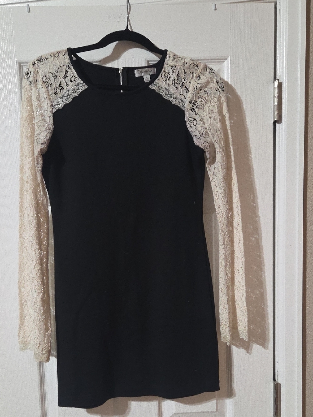 Black Dress with Cream Lace Sleeves - Elegant Women's Dress